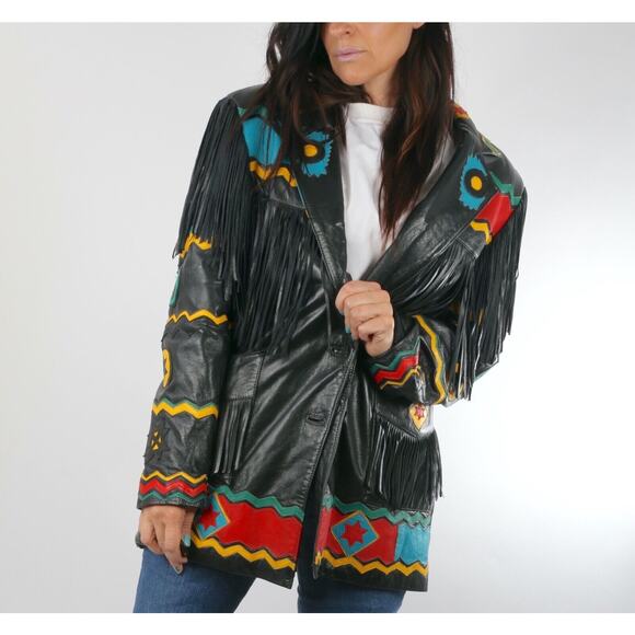 Vintage Gerunimu Leather Fringe Native American Indian Chief Blazer Jacket L - Picture 2 of 16